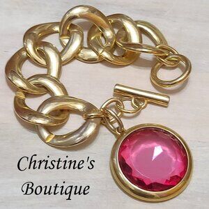 Charm bracelet, vintage, large goldtone link, with large glass pink dangle charm